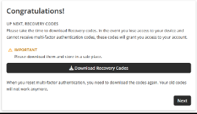 Congratulations — Download Recovery Codes